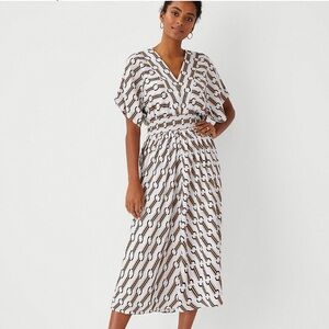 Ann Taylor Petite Chain Pattern Midi Dress PL NWT Blue & Tan Smocked Waist